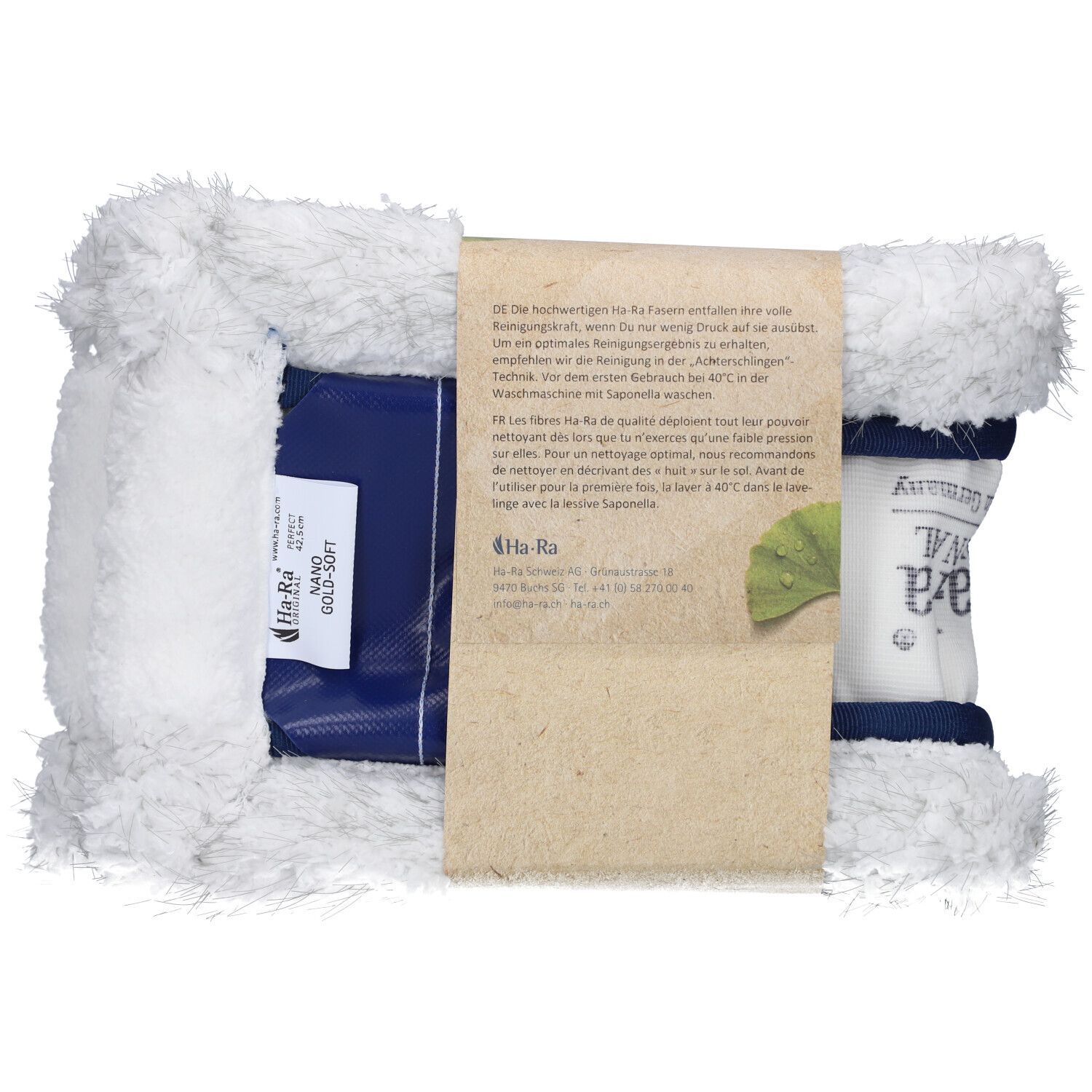 Ha-Ra® Bodenfaser Nano Gold Soft 42,5 cm. Fibre blanche, élément bleu. Emballage avec texte et logo.