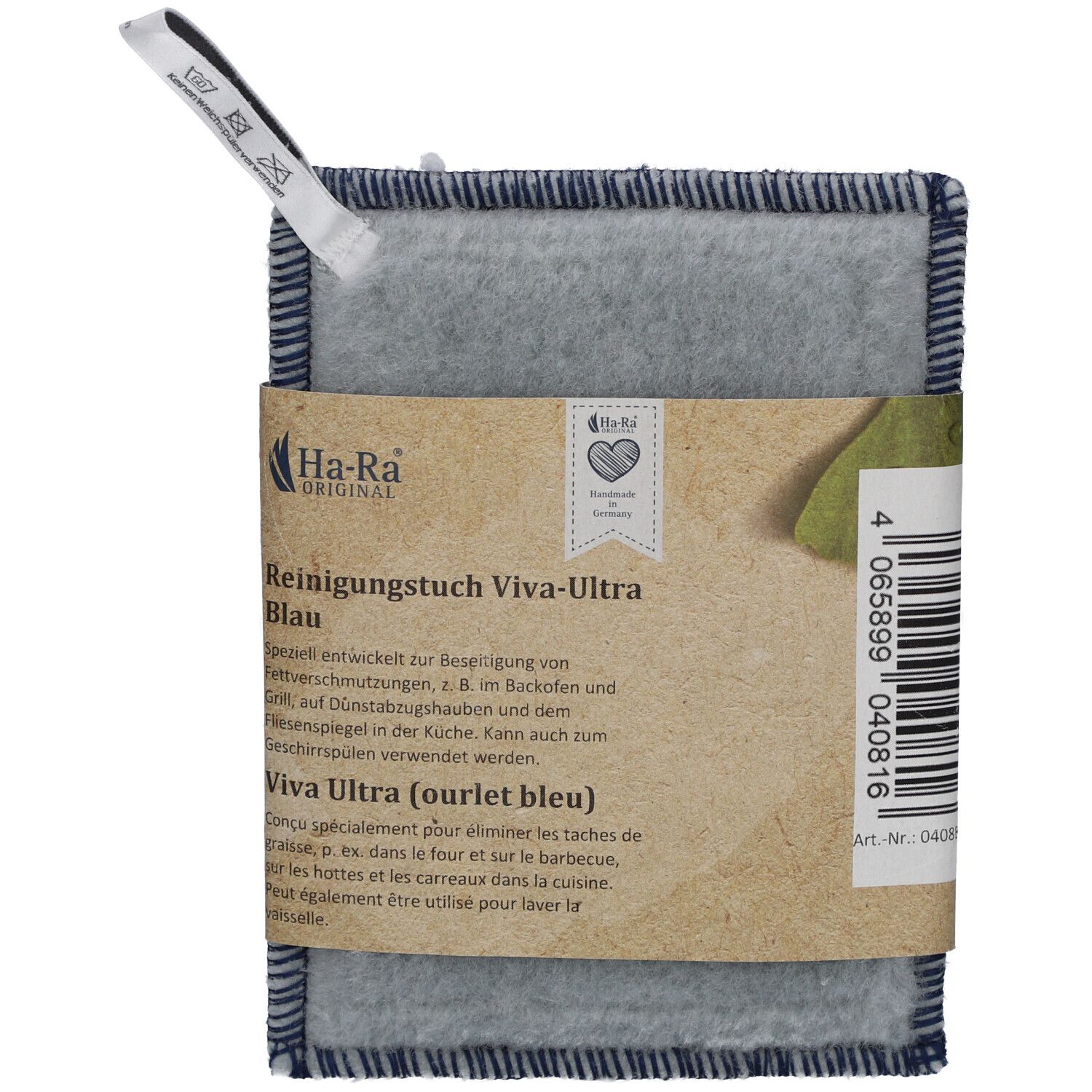 Chiffon de nettoyage bleu avec étiquette. Texte: Ha-Ra Reinigungstuch Viva-Ultra blau. Emballage avec informations.