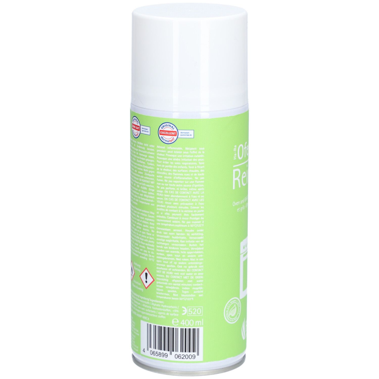 Dos de la bombe de spray nettoyant. Texte en plusieurs langues. Avertissements et certifications.