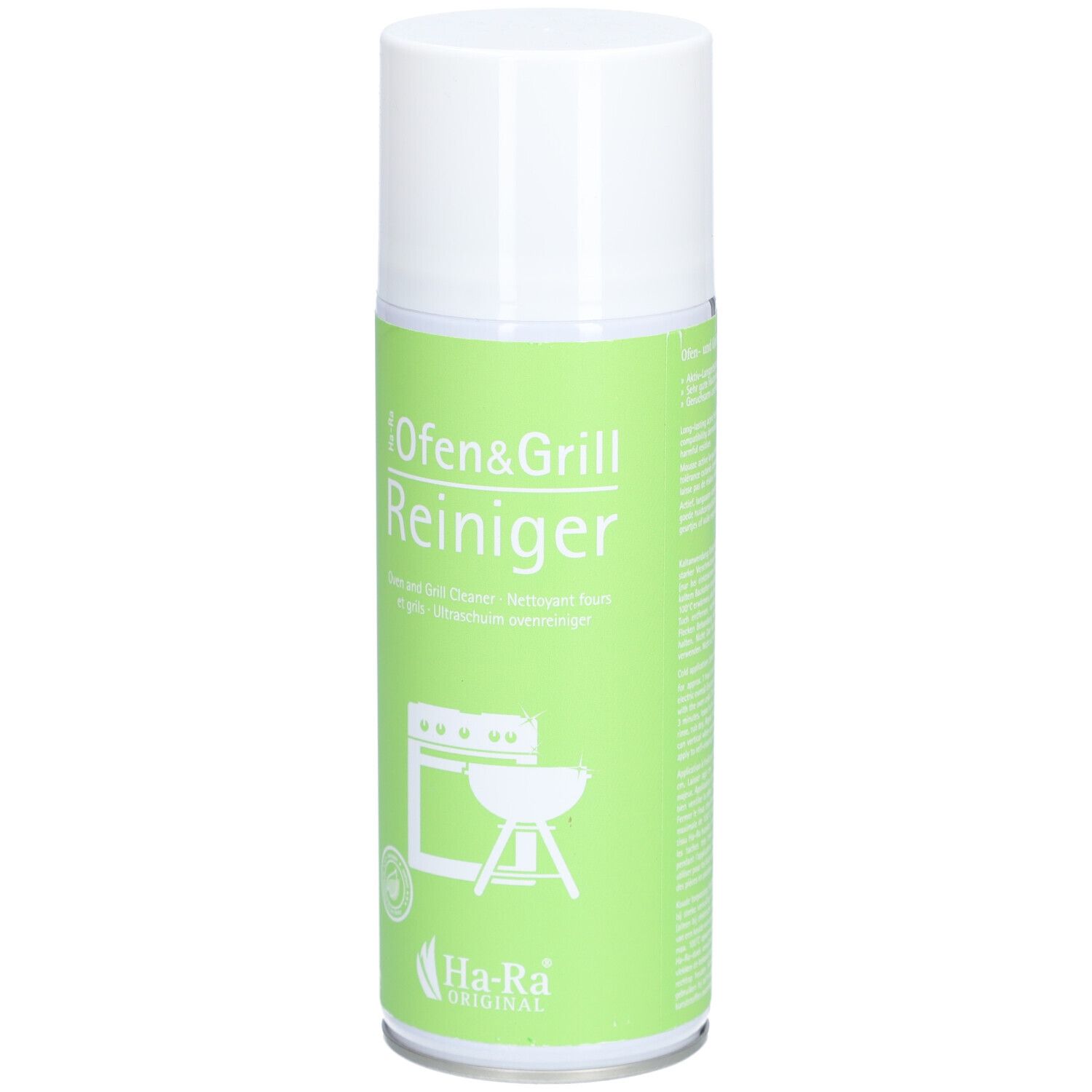 Spray nettoyant pour four et grill. Boîte verte avec couvercle blanc. Logo : four et grill, Ha-Ra Originale.