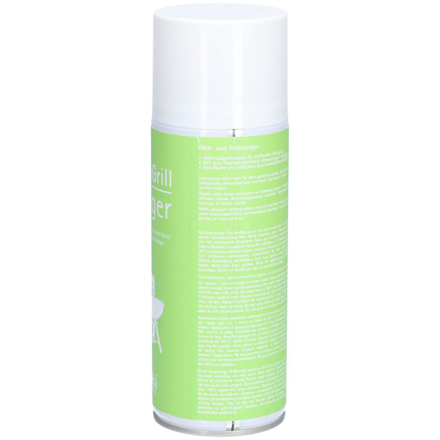 Dos de la bombe de spray nettoyant. Texte en plusieurs langues. Avertissements et certifications.