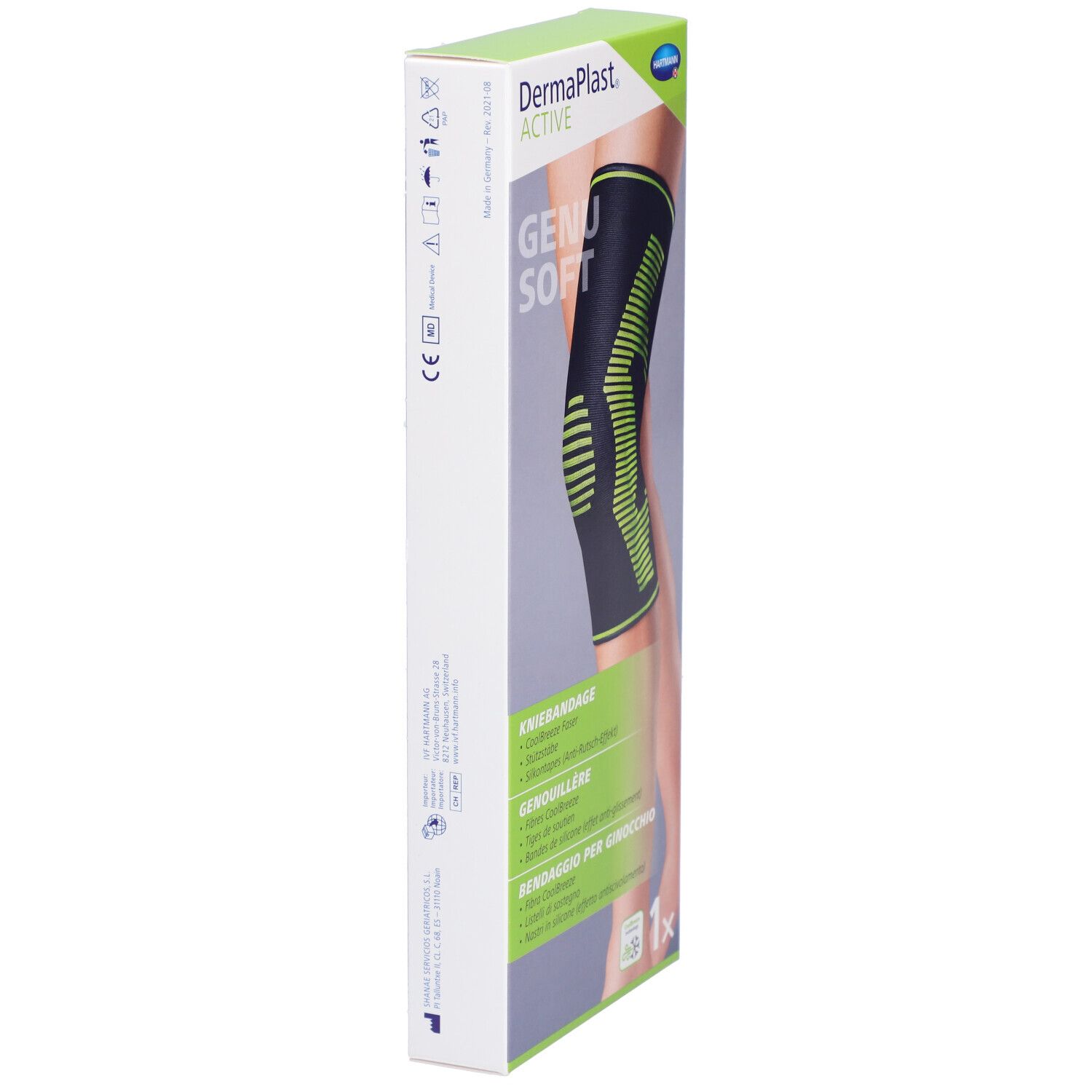 Emballage Dermaplast Aktiv Genu Soft M, vue latérale. Nom du produit, genouillère verte et noire représentée.
