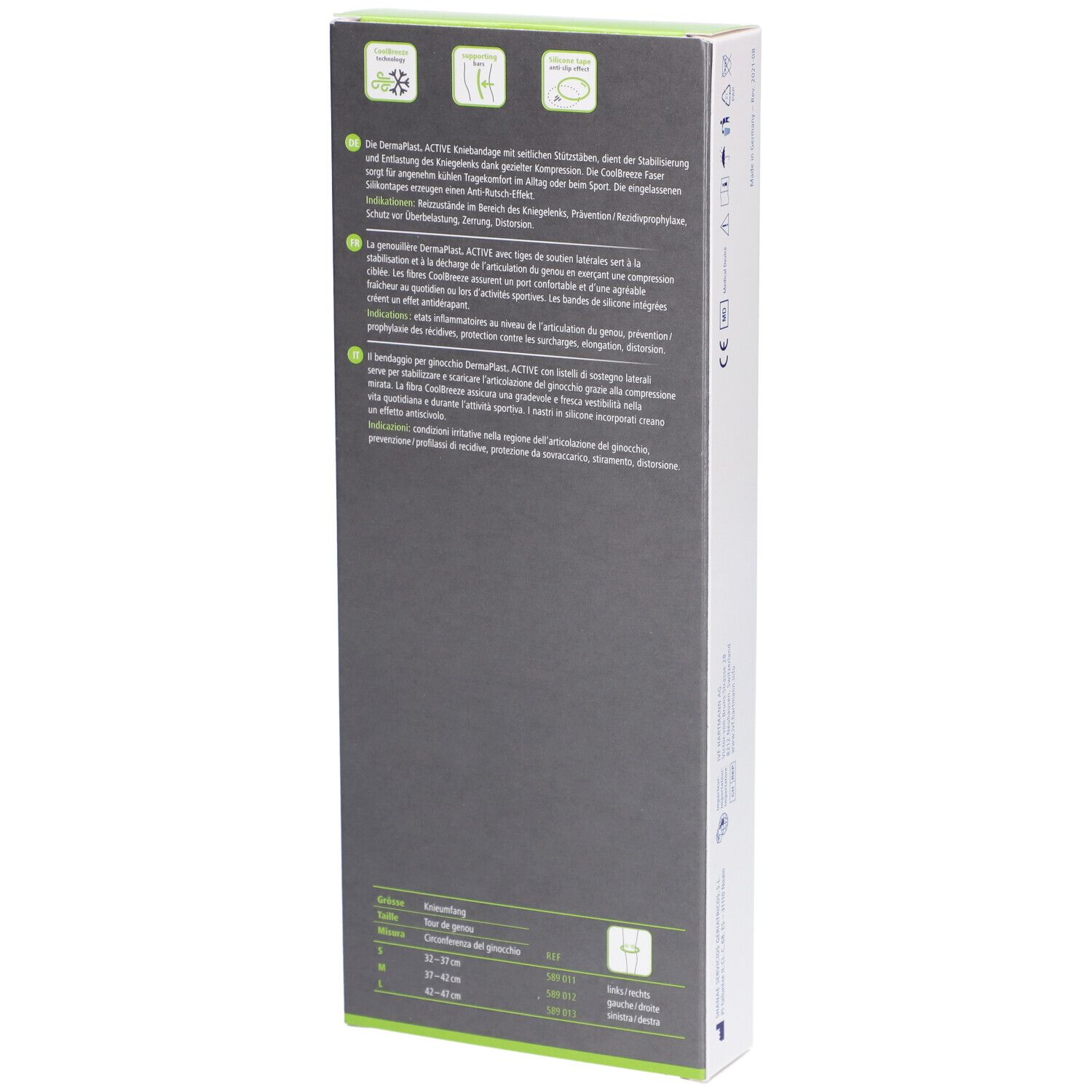 Dos de l'emballage Dermaplast Aktiv Genu Soft M. Informations produit, tailles, éléments verts et noirs.
