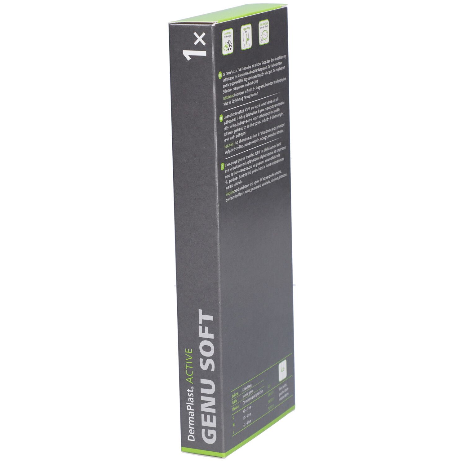 Emballage Dermaplast Aktiv Genu Soft M, vue latérale. Nom du produit, texte et éléments verts.