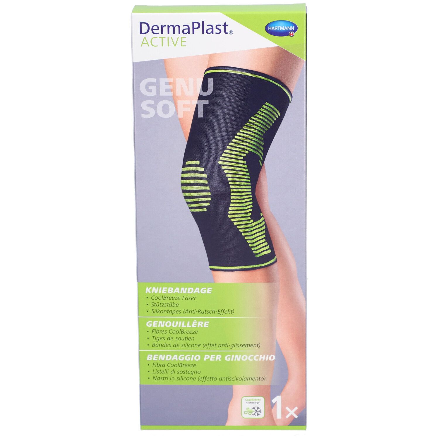 Emballage Dermaplast Aktiv Genu Soft M. Genouillère sur jambe. Bandage vert et noir, nom du produit.