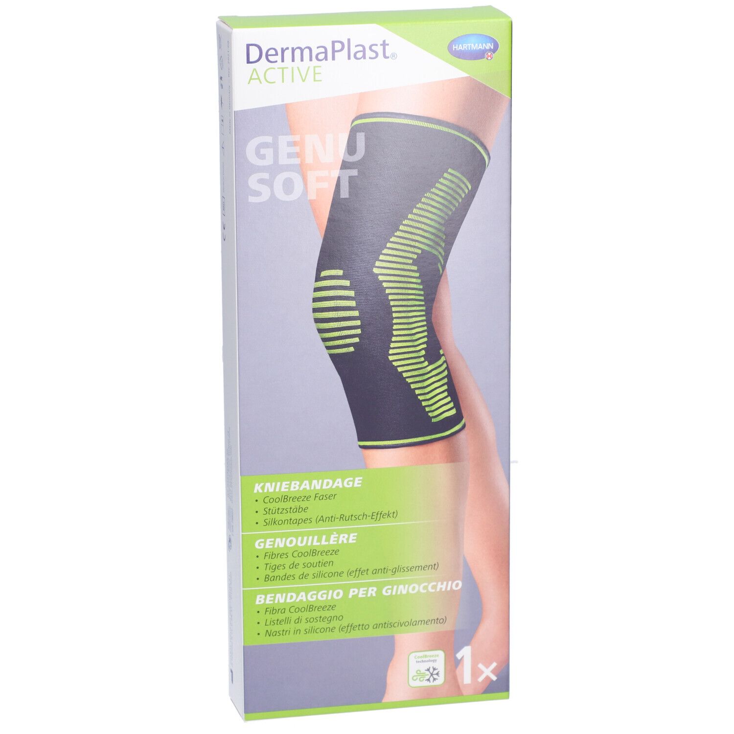 Emballage Dermaplast Aktiv Genu Soft M. Genouillère sur jambe. Bandage vert et noir, nom du produit.