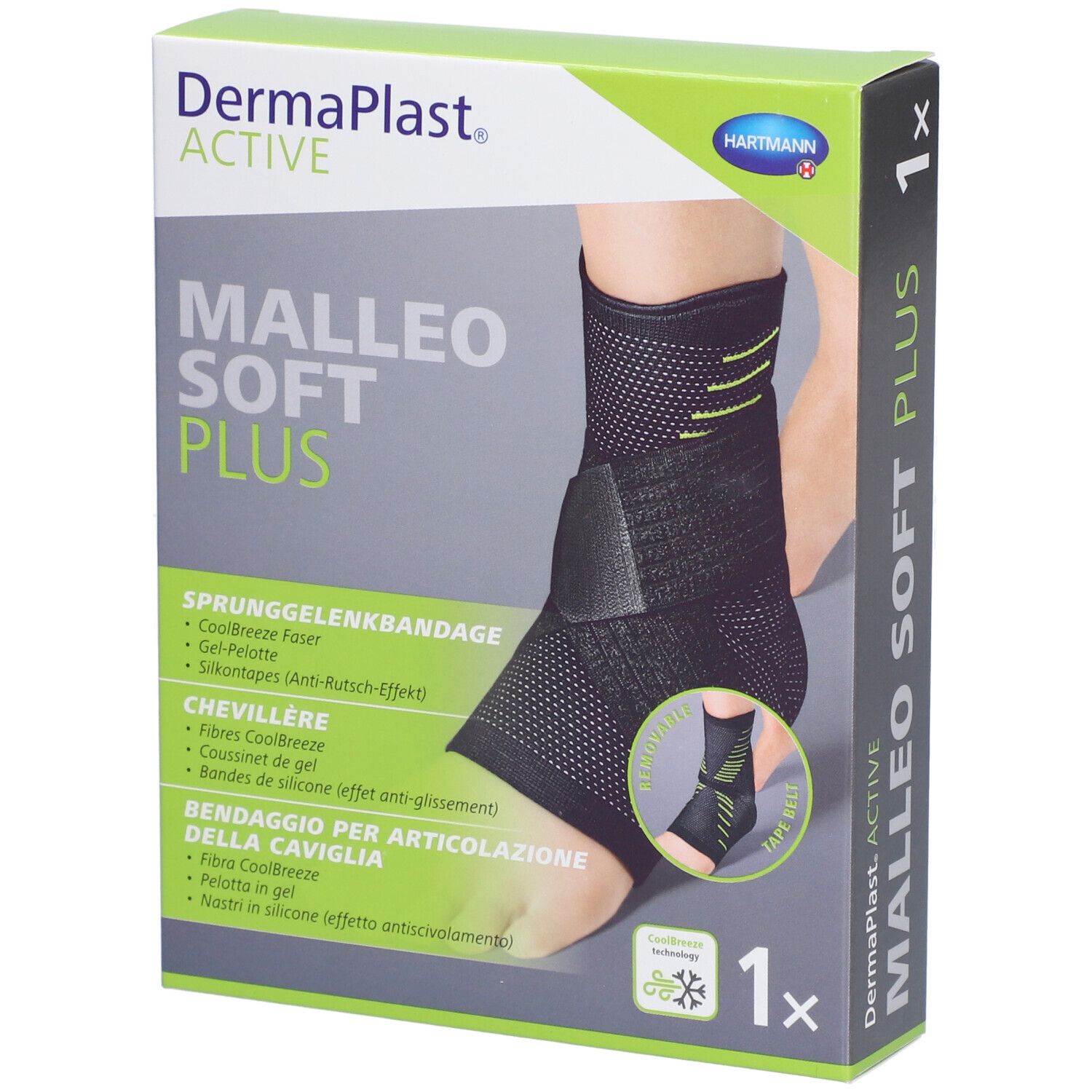 Emballage Dermaplast Aktiv Malleo Soft Plus. Attelle de cheville noire et verte sur l'emballage. 1 pièce.