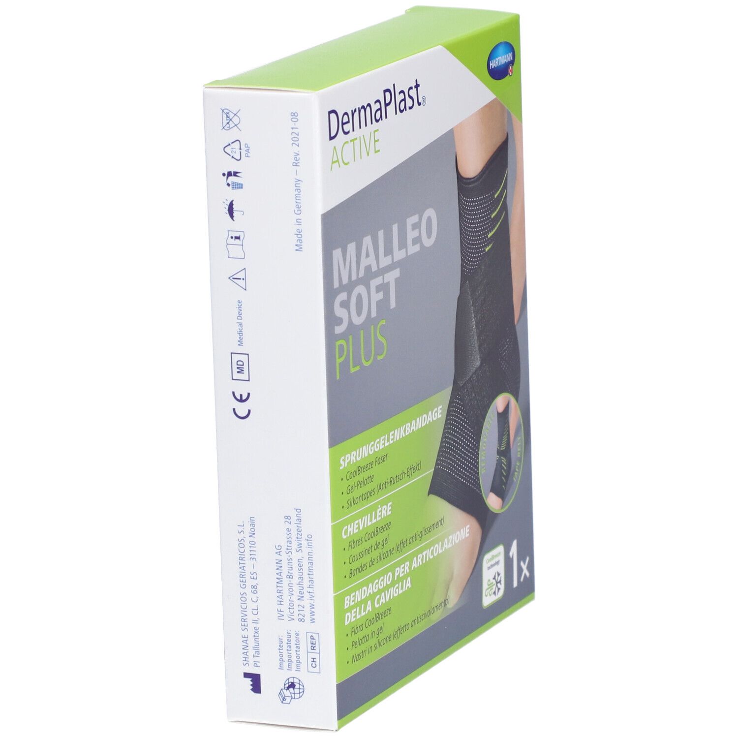 Vue latérale de l'emballage Dermaplast Aktiv Malleo Soft Plus. Attelle de cheville noire et verte. 1 pièce.