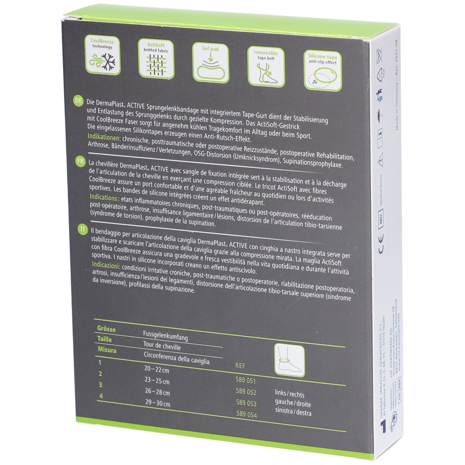 Dos de l'emballage Dermaplast Aktiv Malleo Soft Plus. Texte et tableau des tailles. 1 pièce.