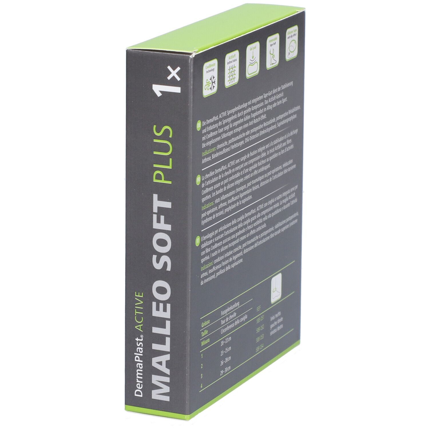 Vue latérale de l'emballage Dermaplast Aktiv Malleo Soft Plus. Texte et tableau des tailles. 1 pièce.
