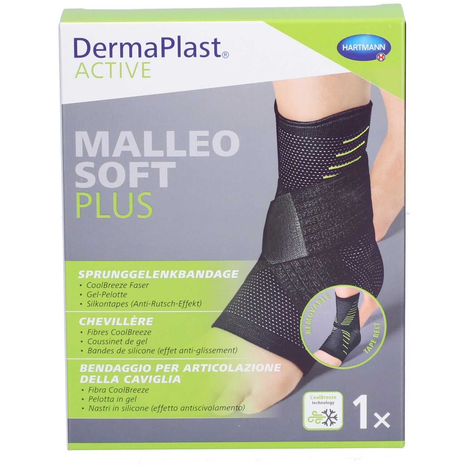 Emballage Dermaplast Aktiv Malleo Soft Plus. Attelle de cheville noire et verte sur l'emballage. 1 pièce.