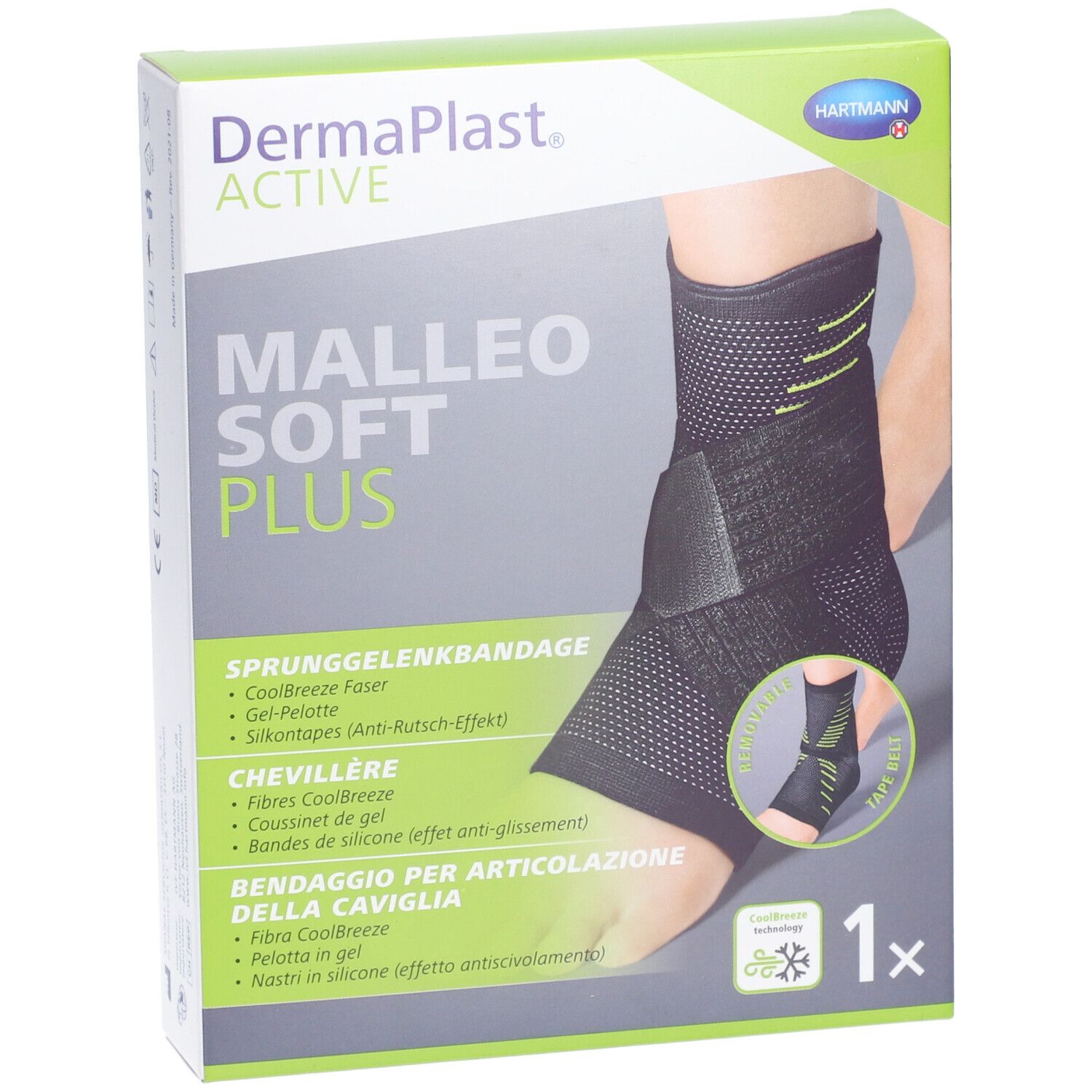 Emballage Dermaplast Aktiv Malleo Soft Plus. Attelle de cheville noire et verte sur l'emballage. 1 pièce.