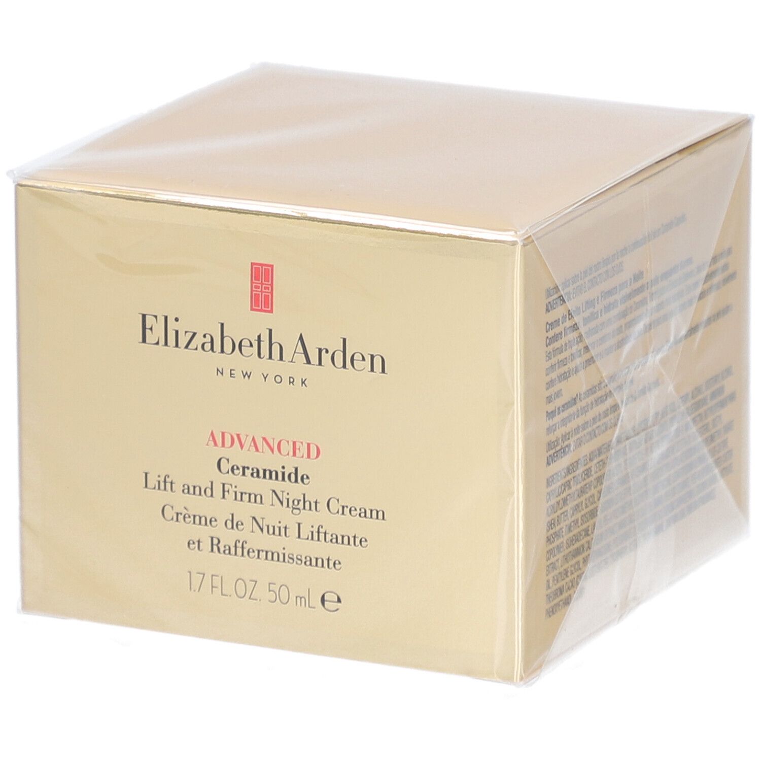 Boîte de crème de nuit Elizabeth Arden. Carton doré avec nom et logo du produit.