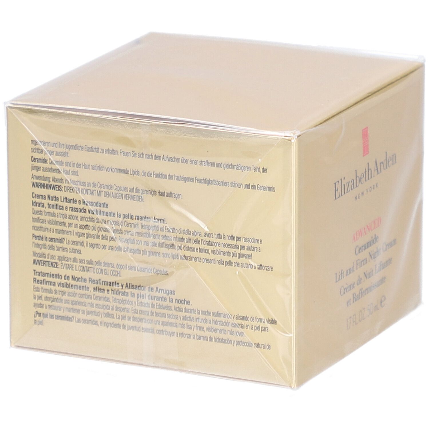 Dos de la boîte de crème de nuit Elizabeth Arden. Texte en plusieurs langues.