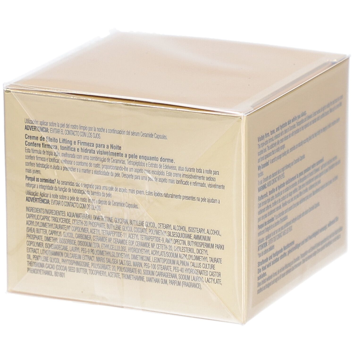 Dos de la boîte de crème de nuit Elizabeth Arden. Texte en plusieurs langues.