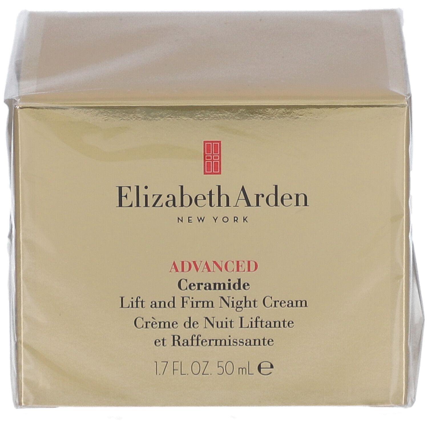 Face avant de la boîte de crème de nuit Elizabeth Arden. Nom et logo du produit.