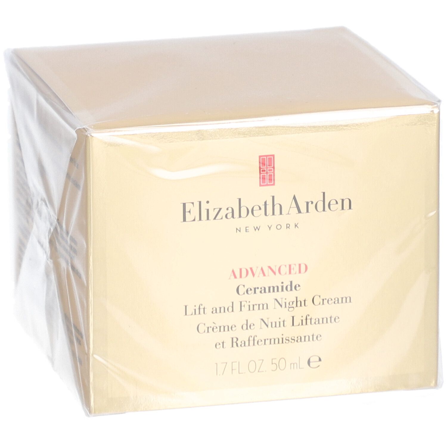 Boîte de crème de nuit Elizabeth Arden. Carton doré avec nom et logo du produit.