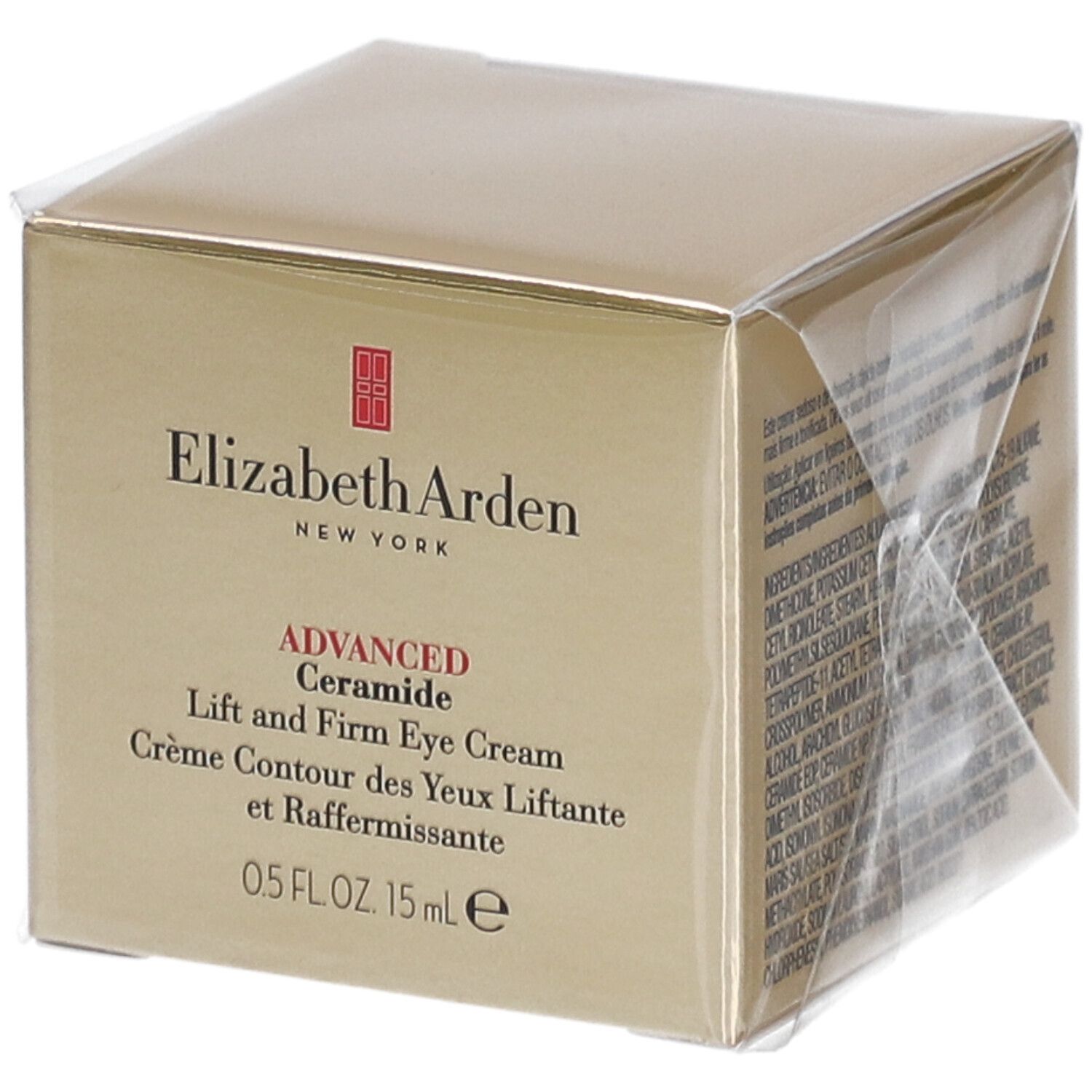 Boîte dorée avec informations produit. Elizabeth Arden Advanced Ceramide Eye Cream. Emballée dans du plastique.