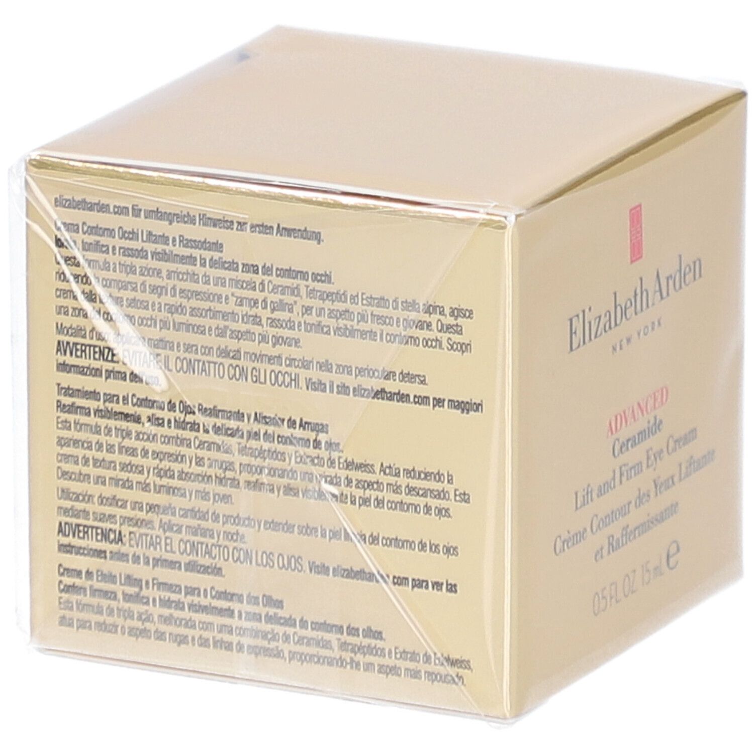 Dos de la boîte dorée. Elizabeth Arden Advanced Ceramide Eye Cream. Texte en plusieurs langues.