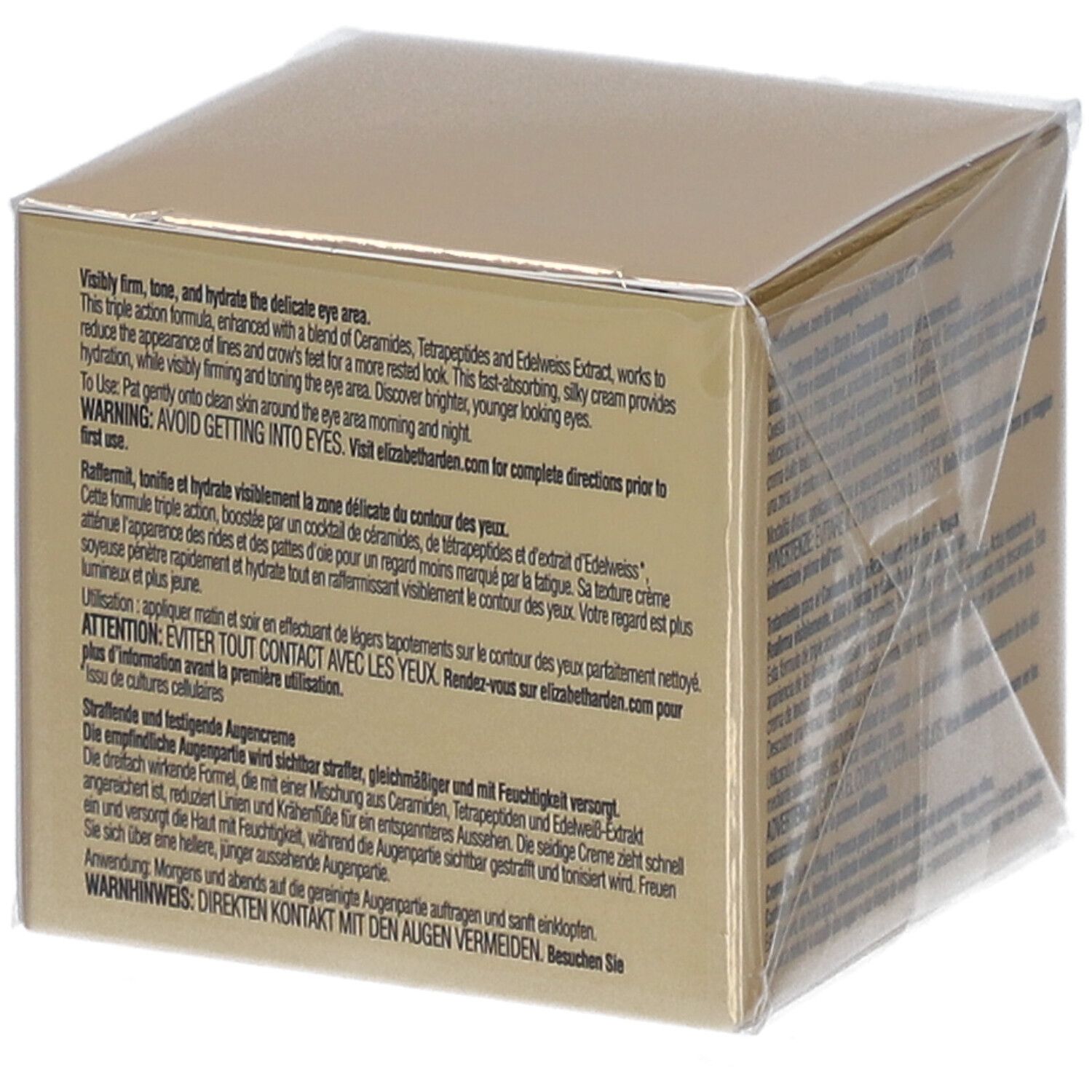 Dos de la boîte dorée. Elizabeth Arden Advanced Ceramide Eye Cream. Texte en plusieurs langues.
