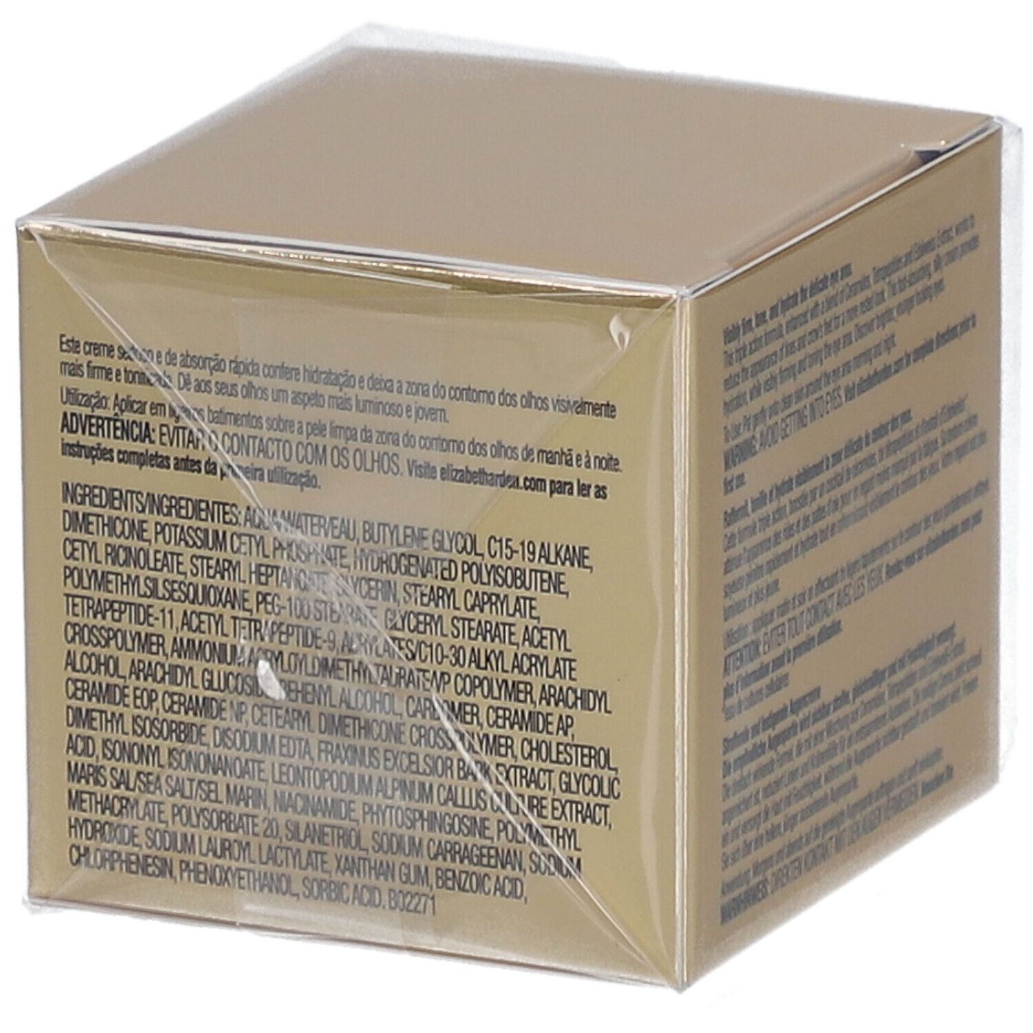 Dos de la boîte dorée. Elizabeth Arden Advanced Ceramide Eye Cream. Ingrédients.