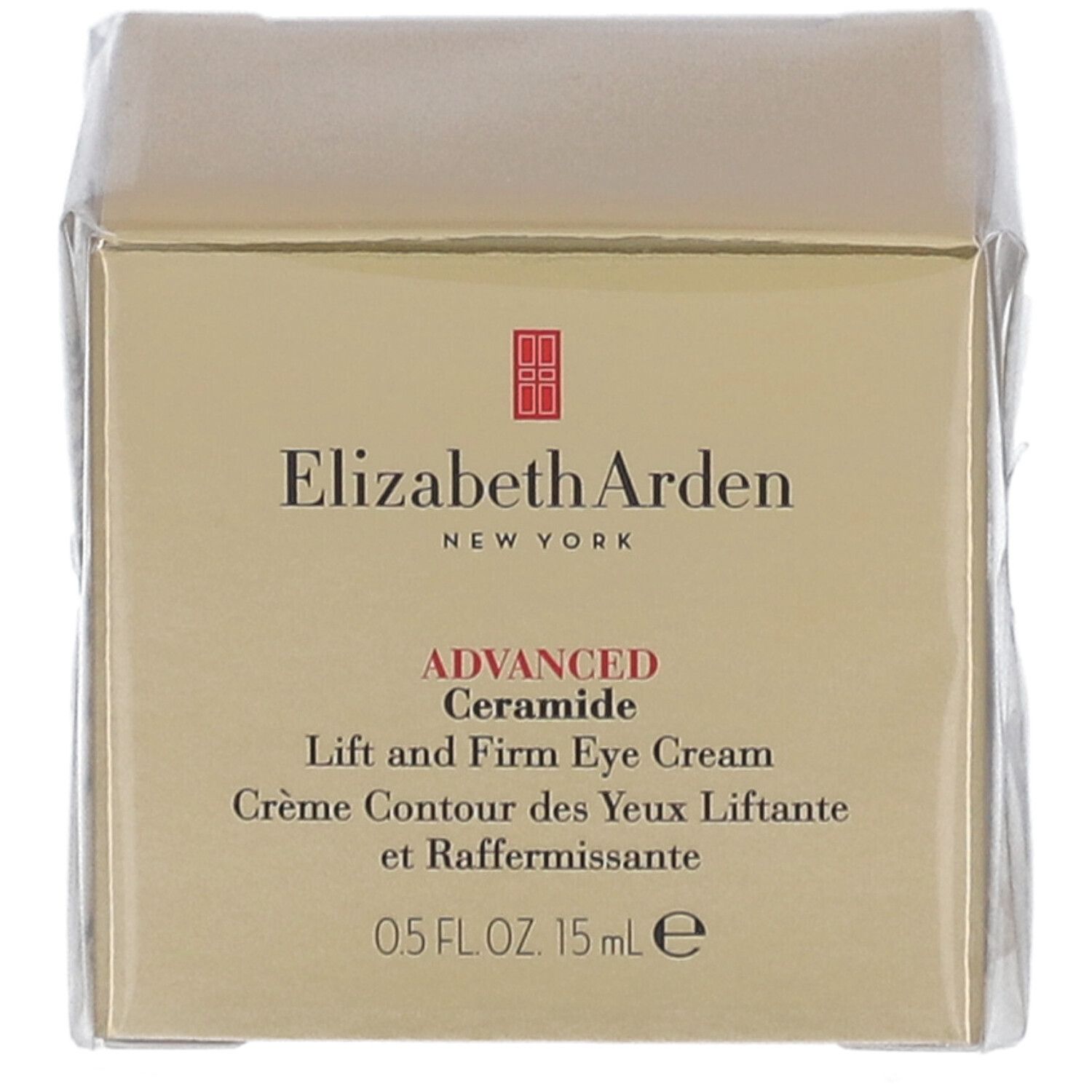 Boîte dorée avec informations produit. Elizabeth Arden Advanced Ceramide Eye Cream. Emballée dans du plastique.