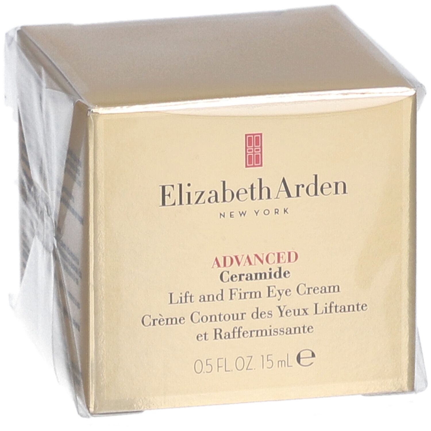 Boîte dorée avec informations produit. Elizabeth Arden Advanced Ceramide Eye Cream. Emballée dans du plastique.
