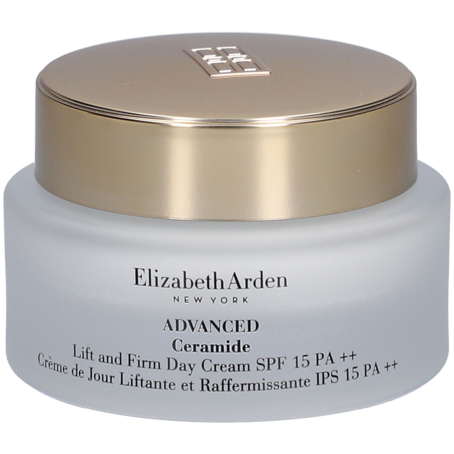 Pot de crème avec couvercle doré. Inscription: Elizabeth Arden, Advanced Ceramide, Lift and Firm Day Cream SPF 15 PA ++.
