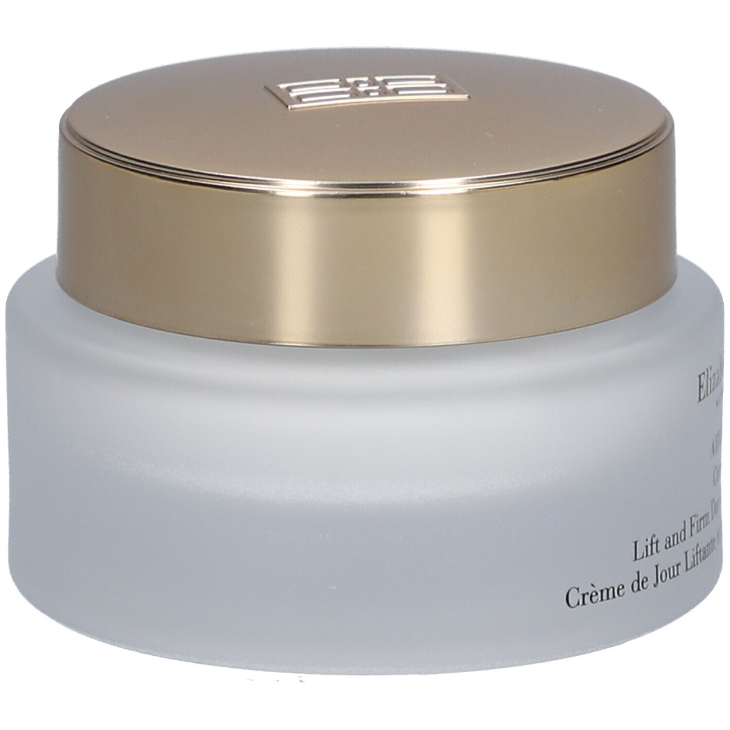 Pot de crème avec couvercle doré. Inscription: Elizabeth Arden, Lift and Firm Day Cream. Vue latérale.