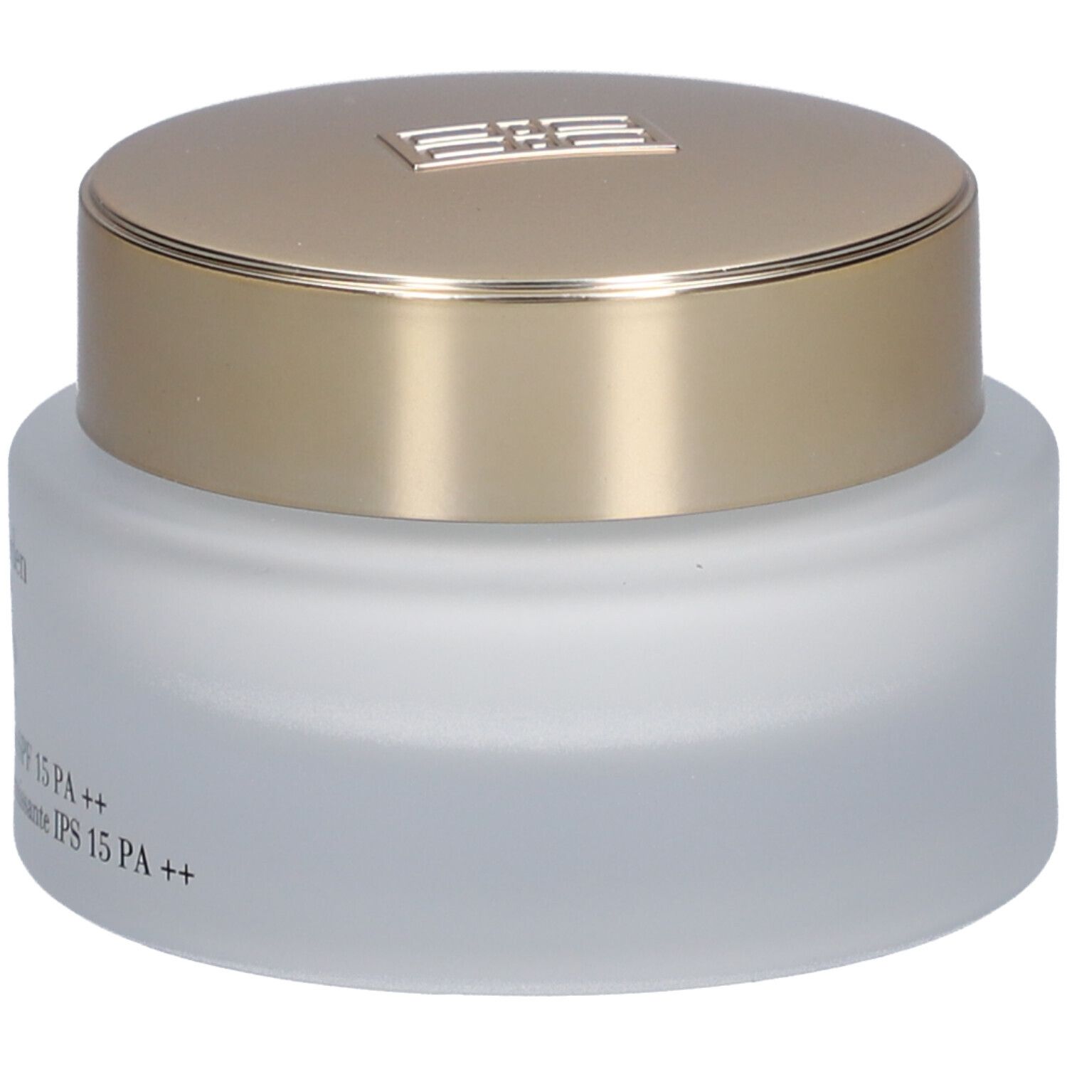 Pot de crème avec couvercle doré. Inscription: Elizabeth Arden, Lift and Firm Day Cream. Vue latérale.