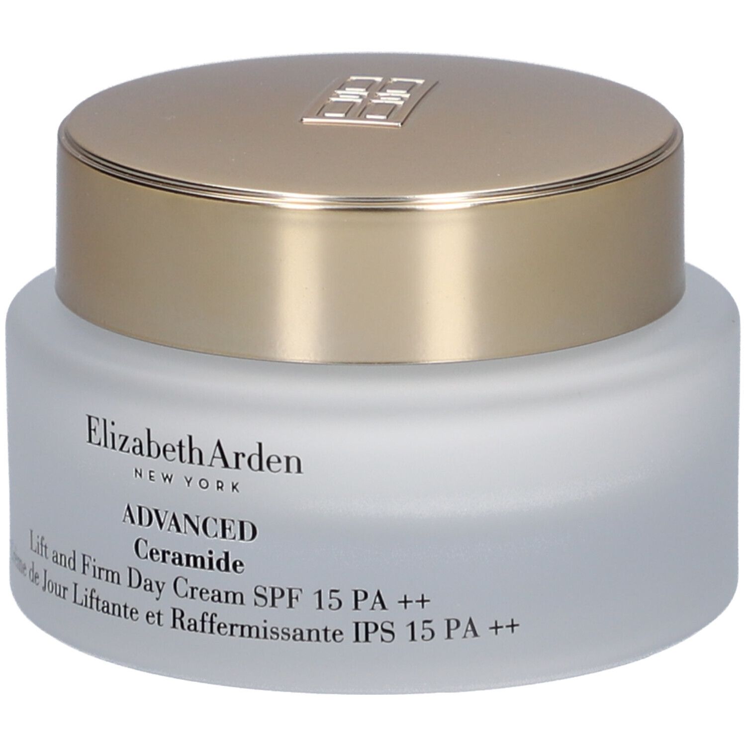 Pot de crème avec couvercle doré. Inscription: Elizabeth Arden, Advanced Ceramide, Lift and Firm Day Cream SPF 15 PA ++.