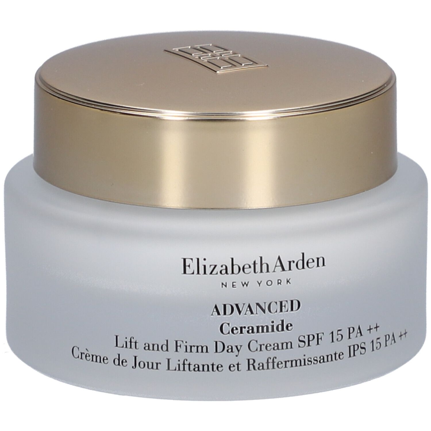 Pot de crème avec couvercle doré. Inscription: Elizabeth Arden, Advanced Ceramide, Lift and Firm Day Cream SPF 15 PA ++.