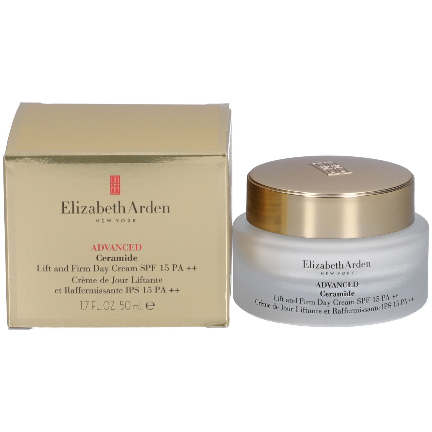 Pot de crème et boîte. Inscription: Elizabeth Arden, Advanced Ceramide, Lift and Firm Day Cream SPF 15 PA ++, 50 ml.