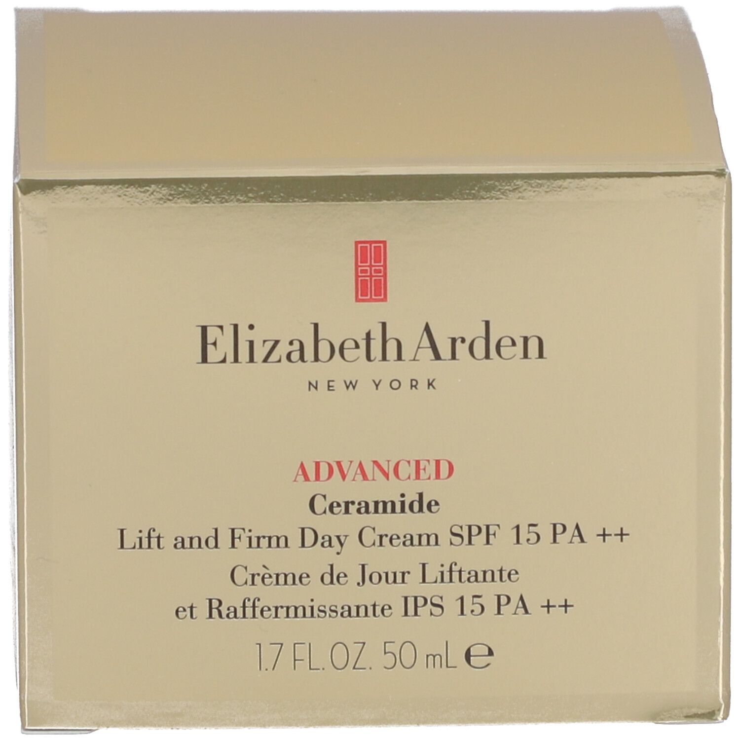 Boîte. Inscription: Elizabeth Arden, Advanced Ceramide, Lift and Firm Day Cream SPF 15 PA ++, 50 ml.