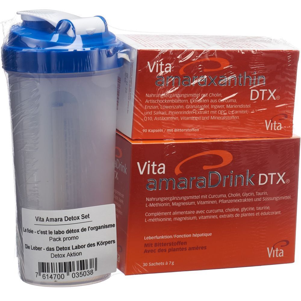 Set Vita amaraDrink DTX® avec shaker et deux boîtes. Boîtes avec nom du produit et ingrédients. Shaker bleu et blanc.