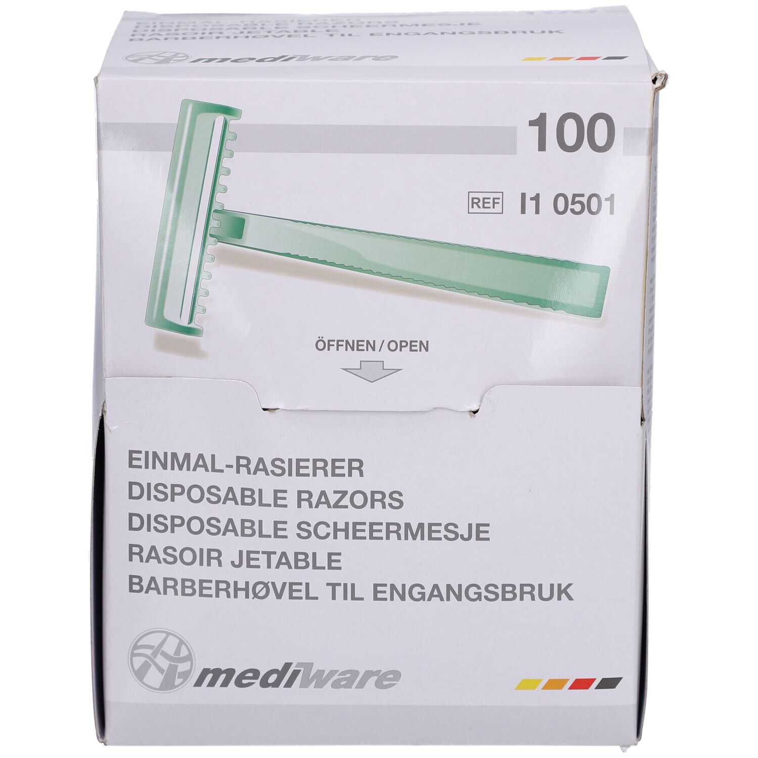 Boîte de 100 rasoirs jetables. Visible : rasoir vert, indication d'ouverture, marque Mediware.