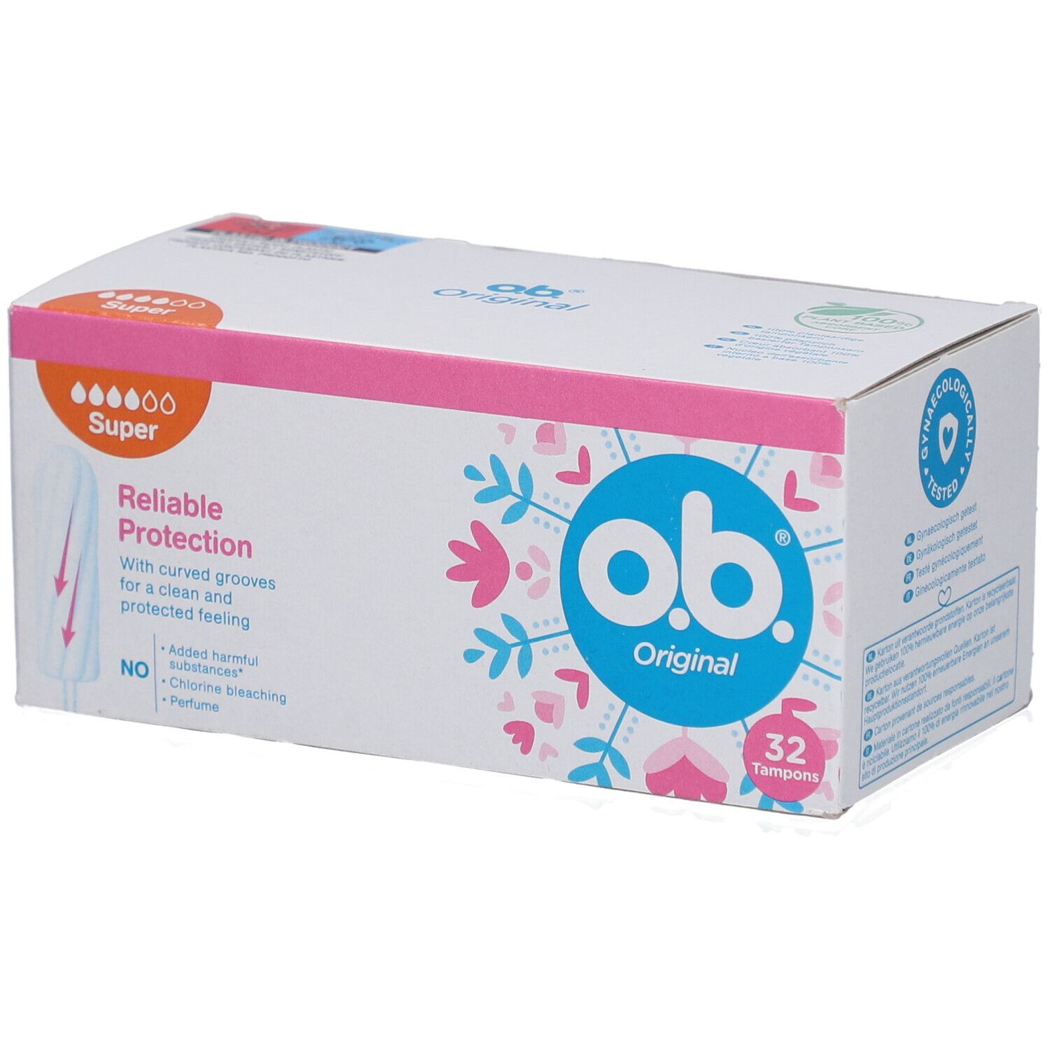 Boîte de tampons O.b. Original Super. 32 tampons. Protection fiable. Testé gynécologiquement.