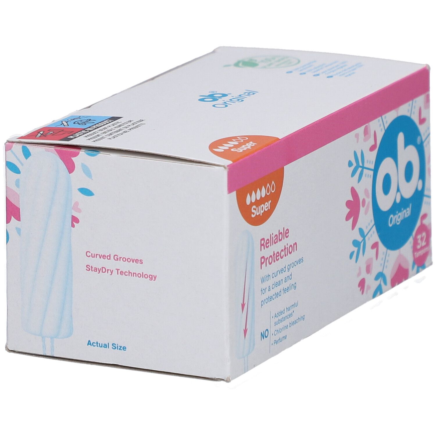 Boîte de tampons O.b. Original Super. 32 tampons. Protection fiable. Testé gynécologiquement.