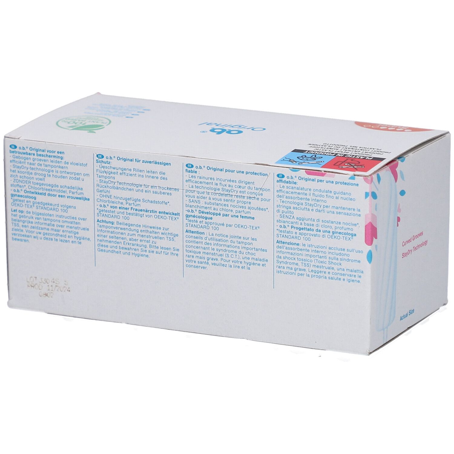 Dos de la boîte de tampons O.b. Original Super. Texte multilingue. Testé gynécologiquement.