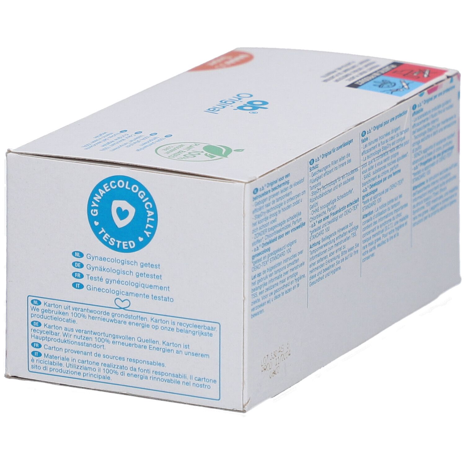 Dos de la boîte de tampons O.b. Original Super. Texte multilingue. Testé gynécologiquement.