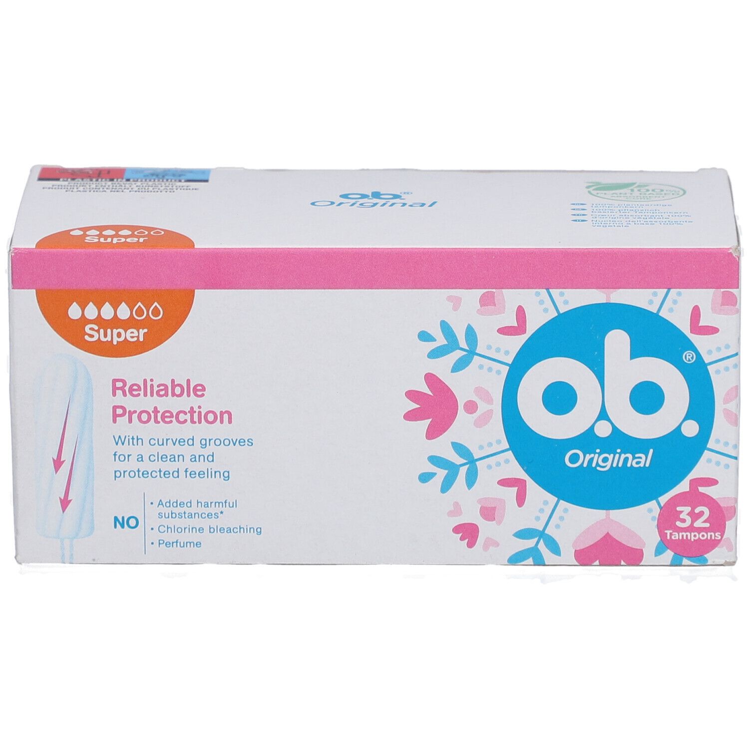 Boîte de tampons O.b. Original Super. 32 tampons. Protection fiable avec rainures incurvées.