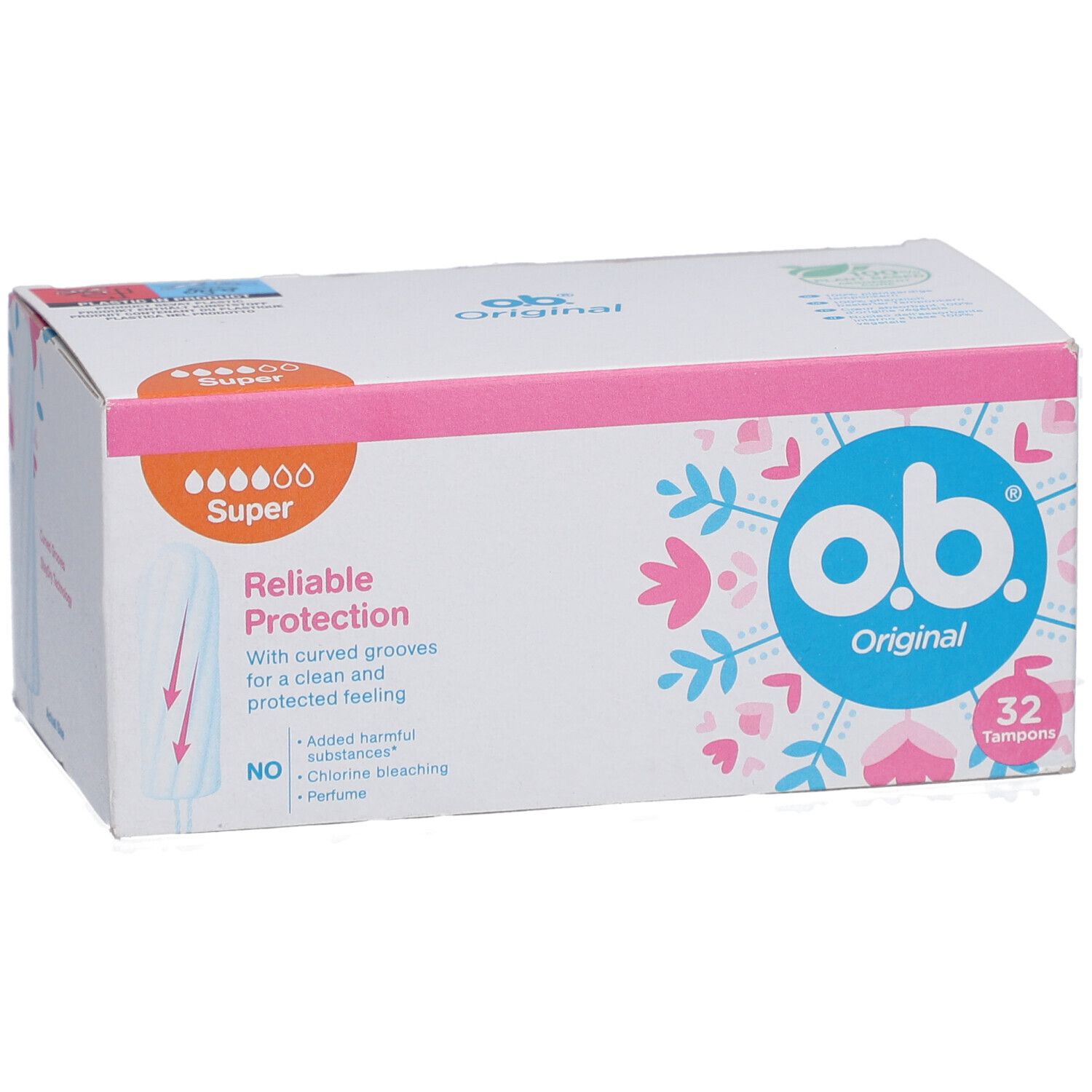 Boîte de tampons O.b. Original Super. 32 tampons. Protection fiable avec rainures incurvées.