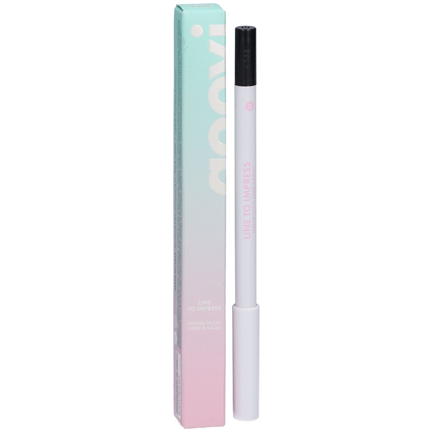 Eyeliner et khôl noir avec emballage. Marque Goovi, inscription "LINE TO IMPRESS".