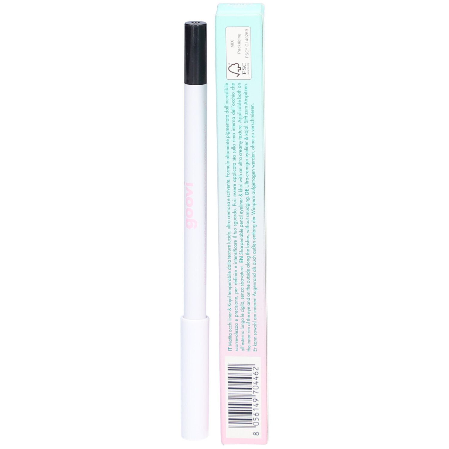 Eyeliner et khôl noir avec emballage. Marque Goovi, code-barres sur l'emballage.