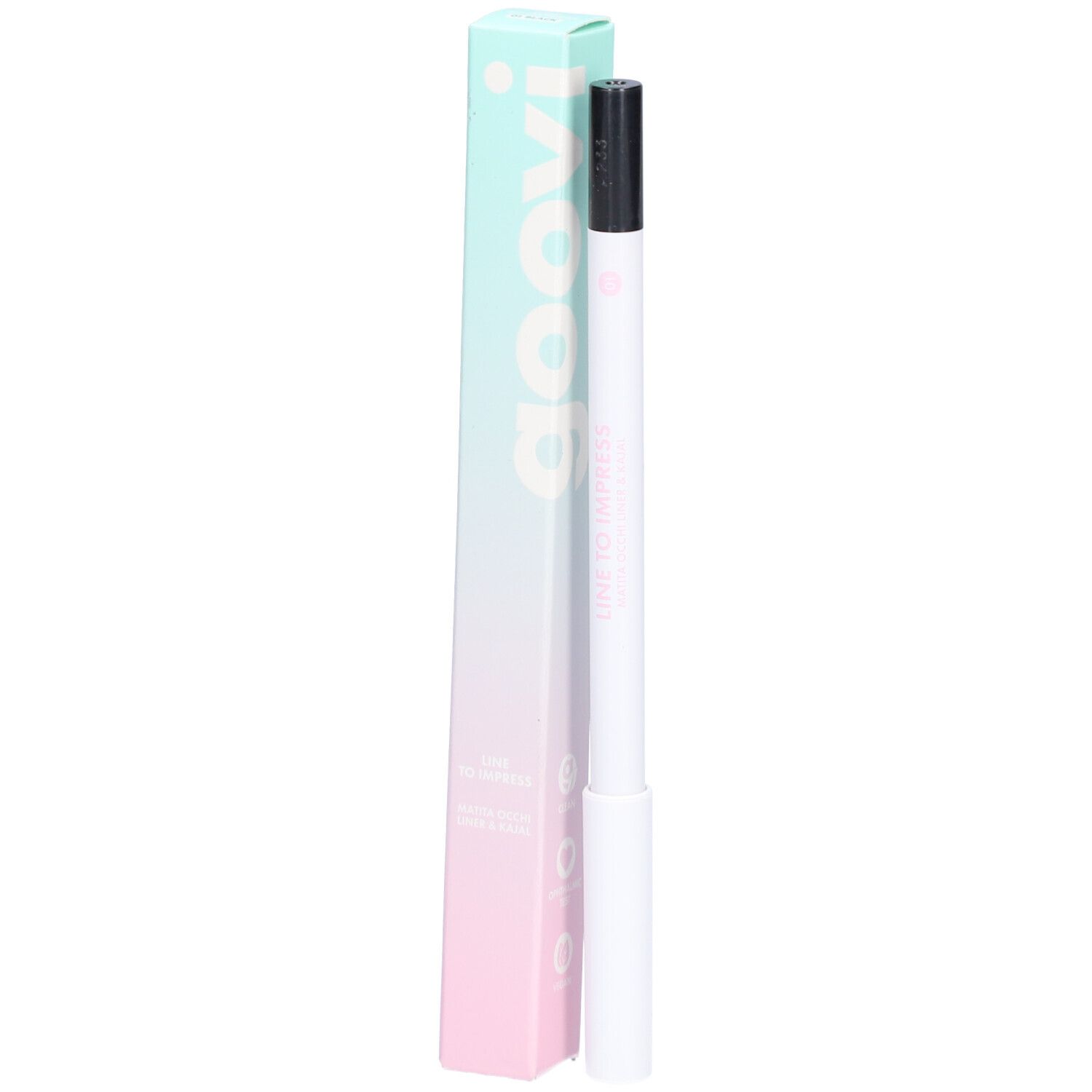 Eyeliner et khôl noir avec emballage. Marque Goovi, inscription "LINE TO IMPRESS".