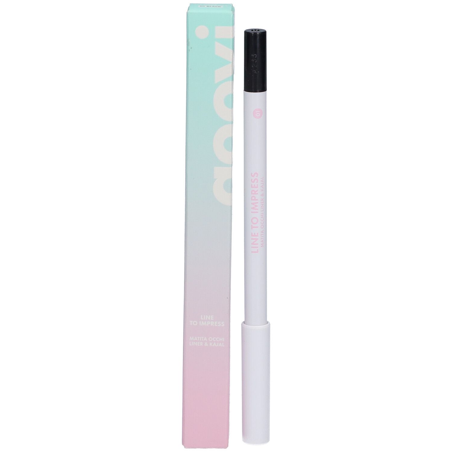 Eyeliner et khôl noir avec emballage. Marque Goovi, inscription "LINE TO IMPRESS".