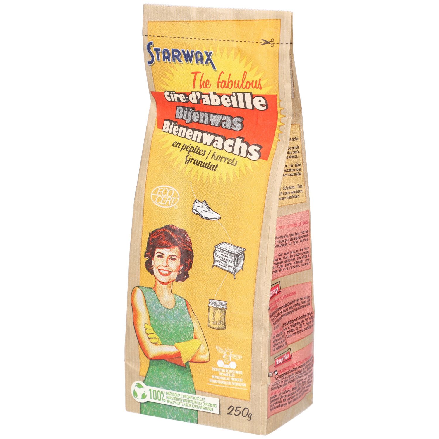 Sachet de cire d'abeille en granulés. Inscriptions: Starwax, Cire d'abeille, Bienenwas, Granulat. Femme avec gants jaunes.