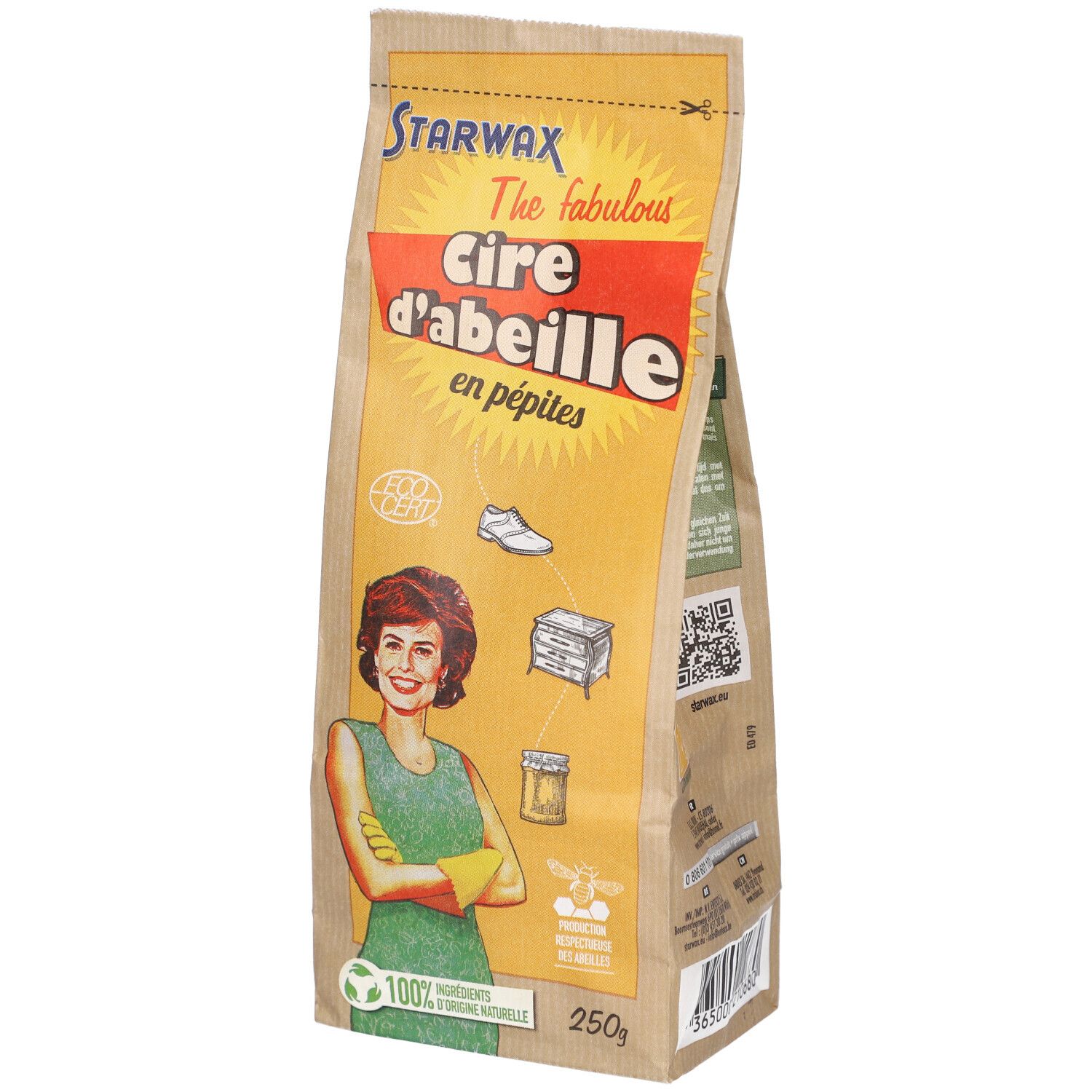 Sachet de cire d'abeille en granulés. Inscriptions: Starwax, Cire d'abeille, Bienenwas, Granulat. Femme avec gants jaunes.