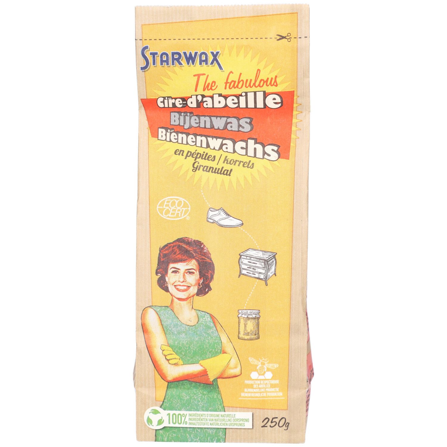 Sachet de cire d'abeille en granulés. Inscriptions: Starwax, Cire d'abeille, Bienenwas, Granulat. Femme avec gants jaunes.