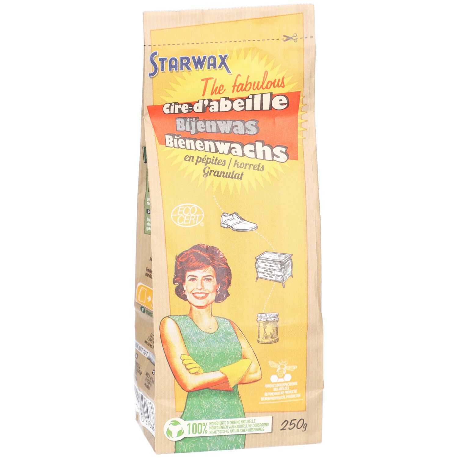 Sachet de cire d'abeille en granulés. Inscriptions: Starwax, Cire d'abeille, Bienenwas, Granulat. Femme avec gants jaunes.